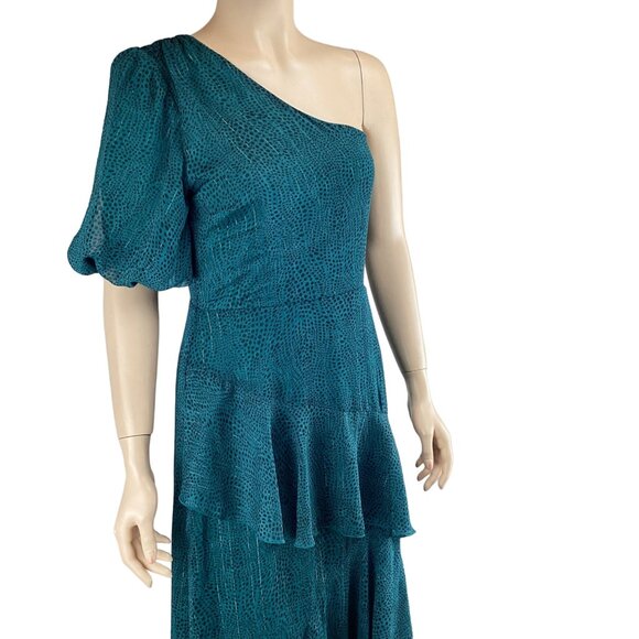 Floret Studio‎ Dress Size Medium One-Shoulder Ruffled Asymmetrical Midi Teal - Picture 3 of 11